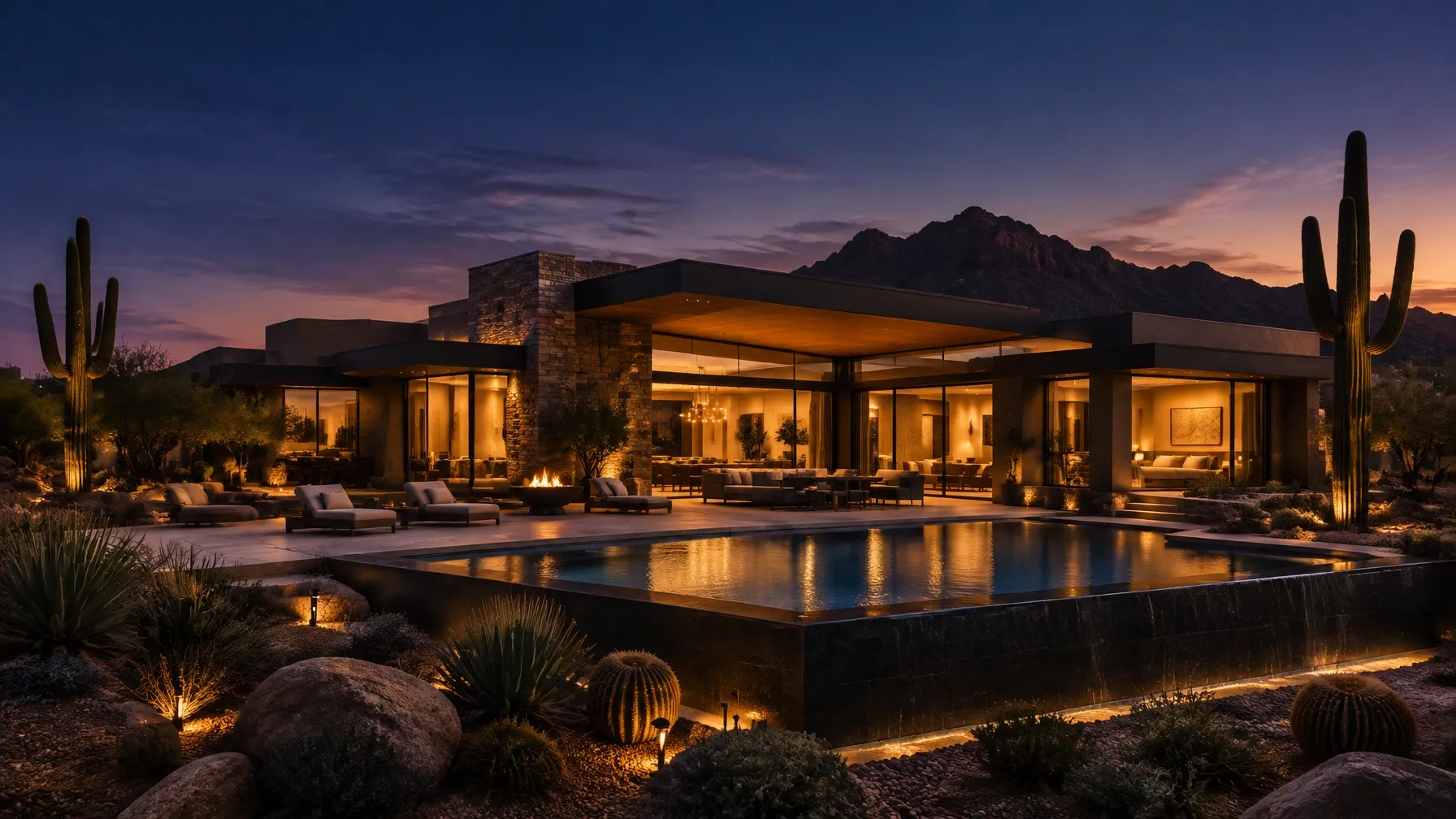 Modern luxury desert villa illuminated at twilight